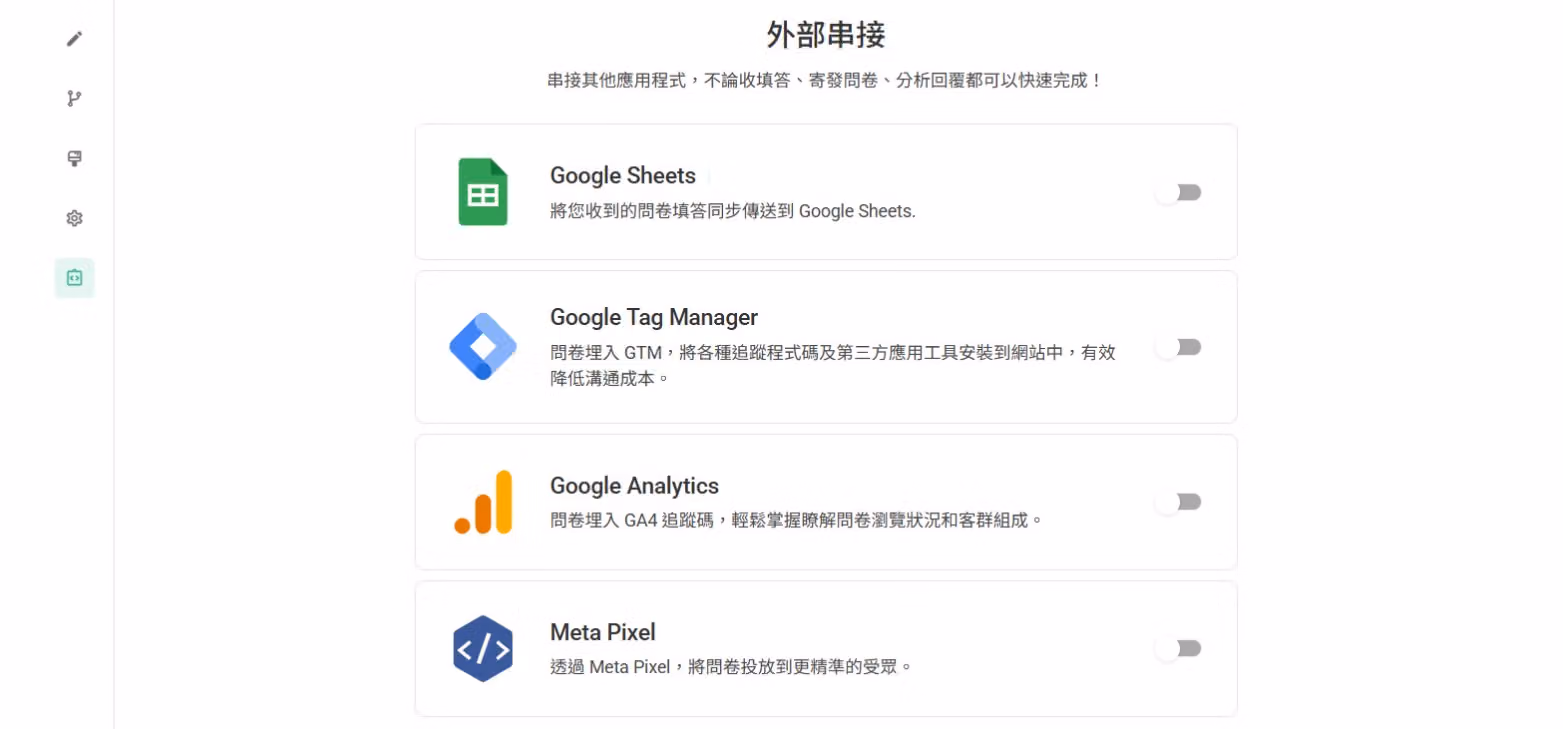問卷設定頁面埋設 GA 追蹤碼與 Facebook 像素的畫面