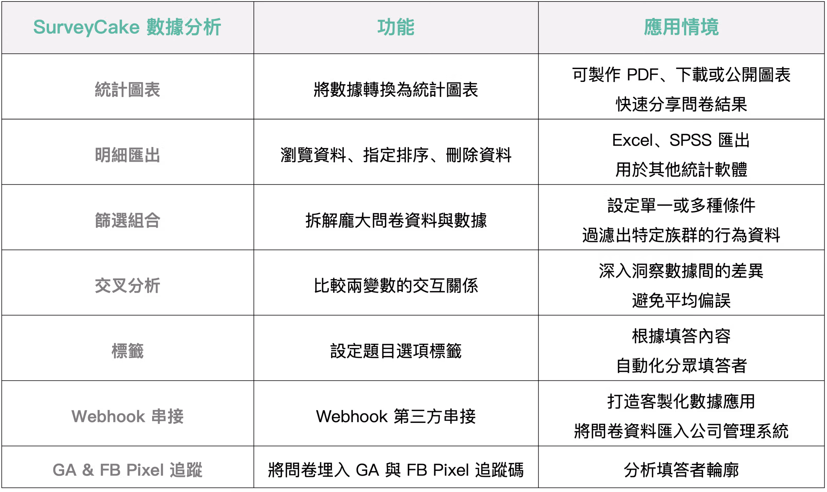 統計與分析功能總覽列表,包含統計圖表、明細匯出、交叉分析等項目