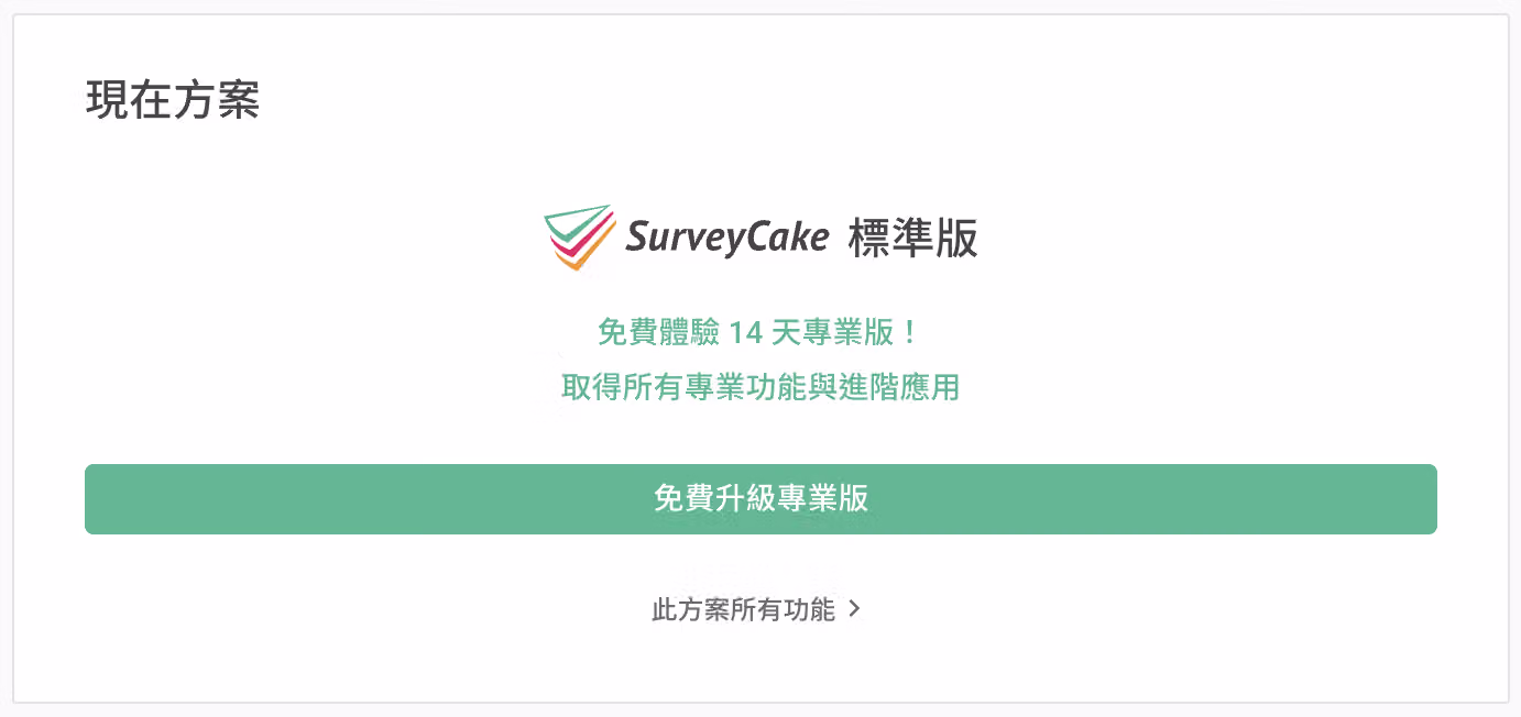 標準版帳號的方案訂閱畫面，顯示升級按鈕與功能總覽