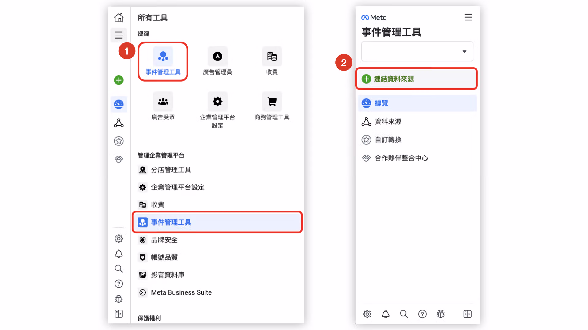 Meta 事件管理工具畫面,點選連結資料來源以開始設定像素