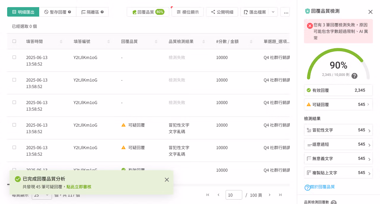 回覆品質分析完成後，側欄顯示品質檢測結果的畫面