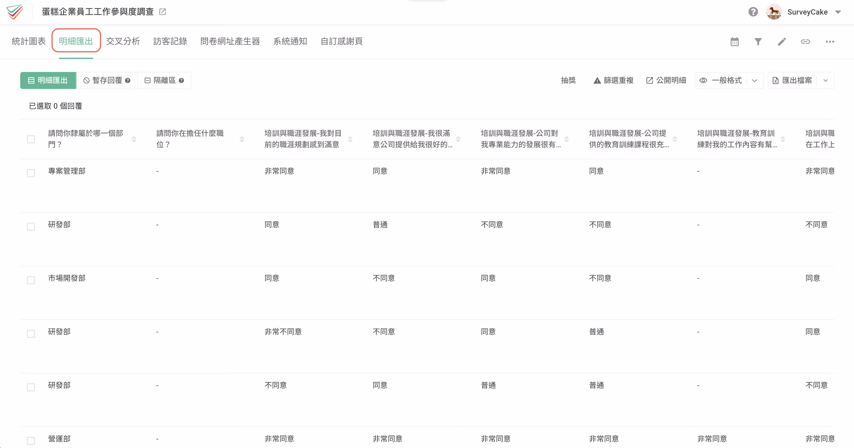 問卷後台明細匯出頁面，顯示所有填答者的詳細回覆資訊列表