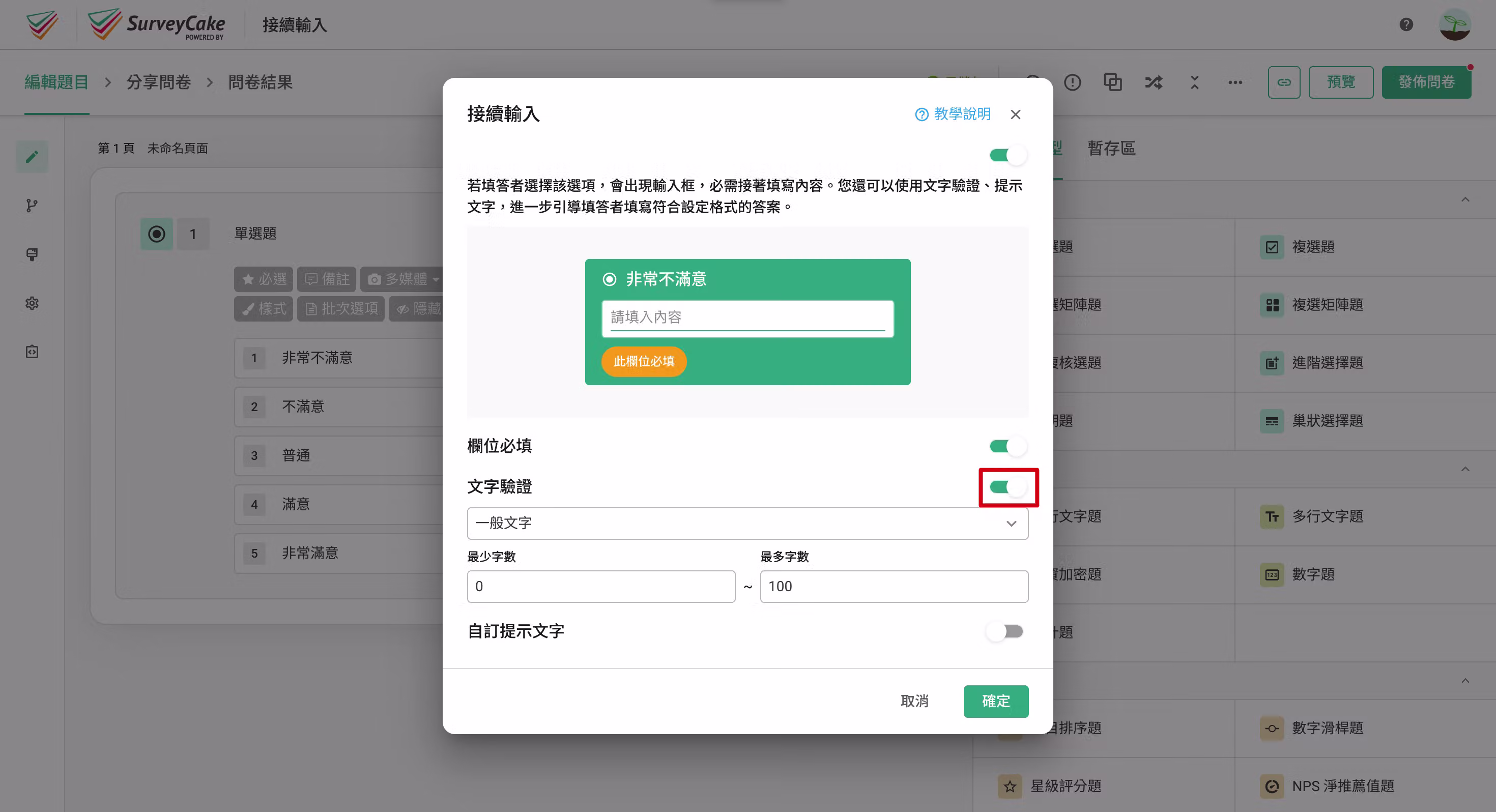 開啟文字驗證按鈕,驗證接續輸入內容格式的設定畫面