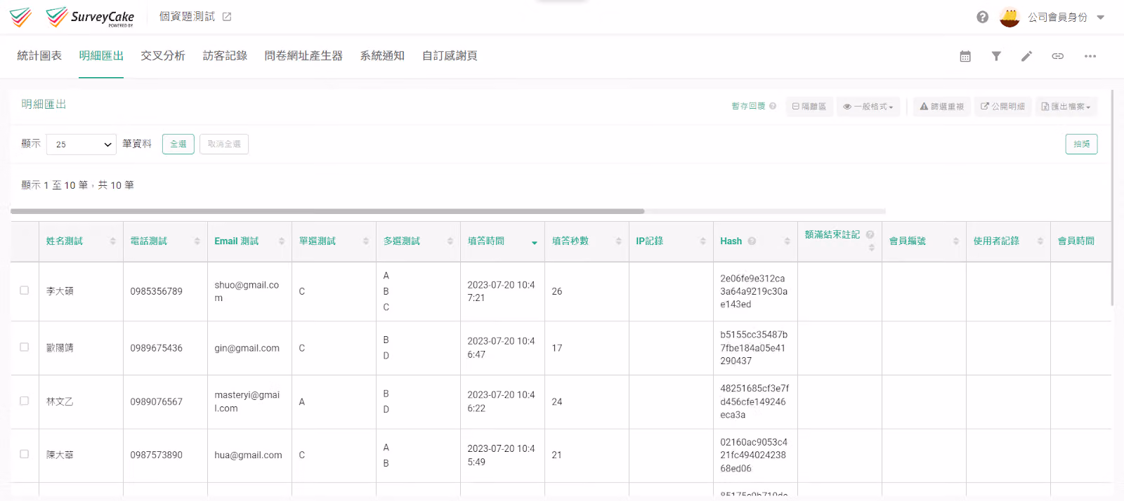 超級管理員帳號檢視個資加密題填答明細的畫面