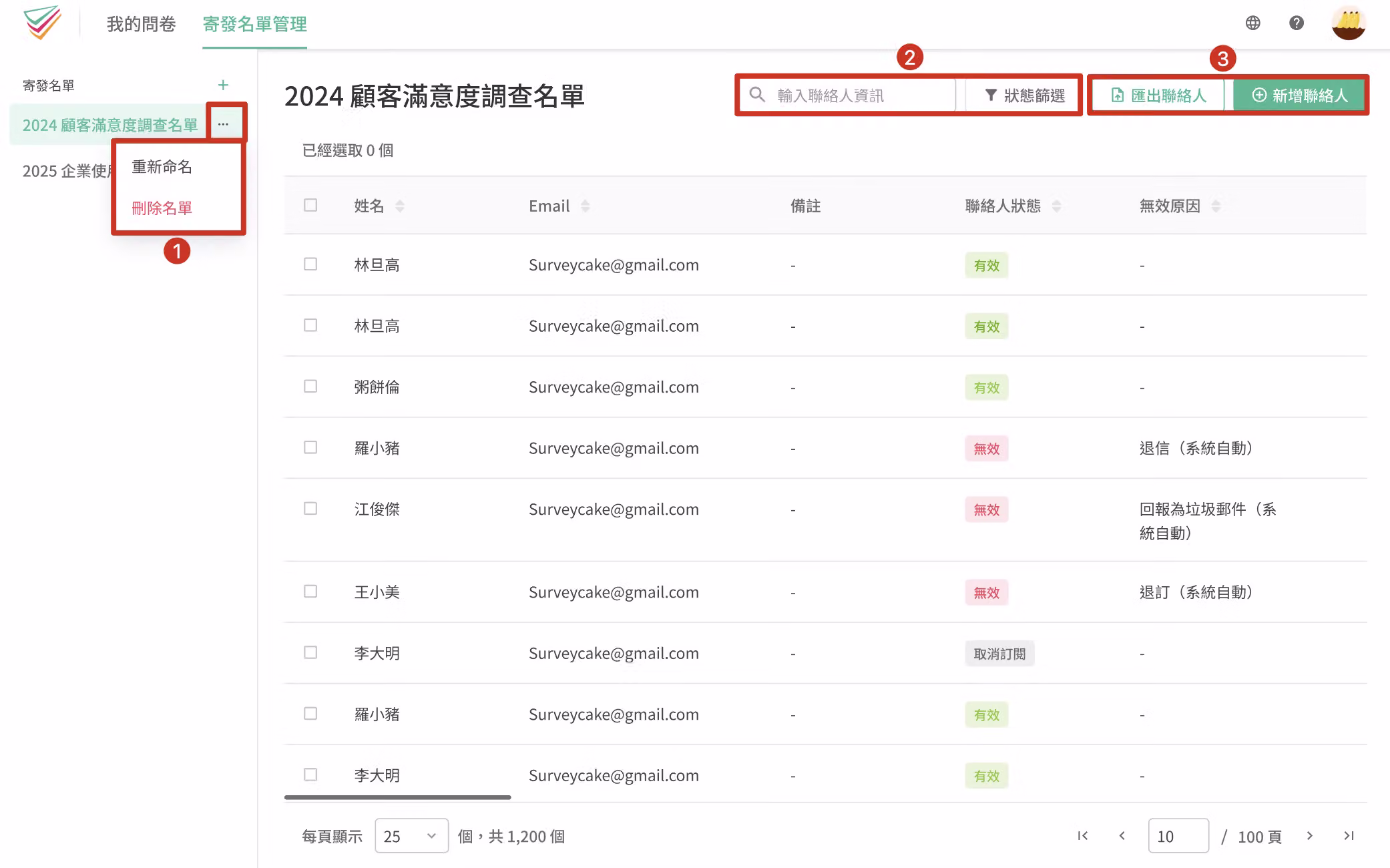 寄發名單管理頁面,可進行名單的管理與維護操作