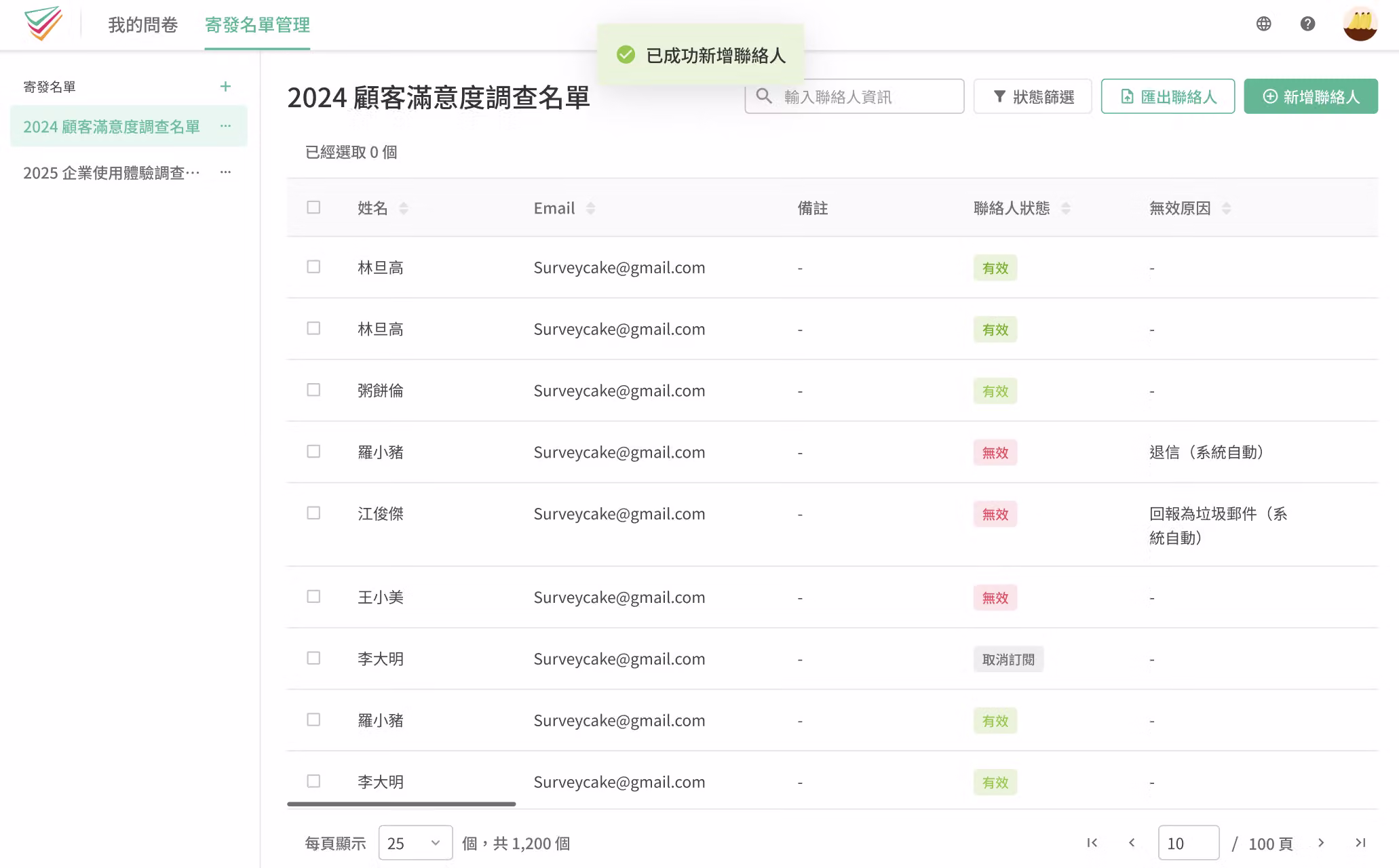 匯入名單後以綠色、紅色、灰色標示信箱有效、無效與取消訂閱狀態的列表