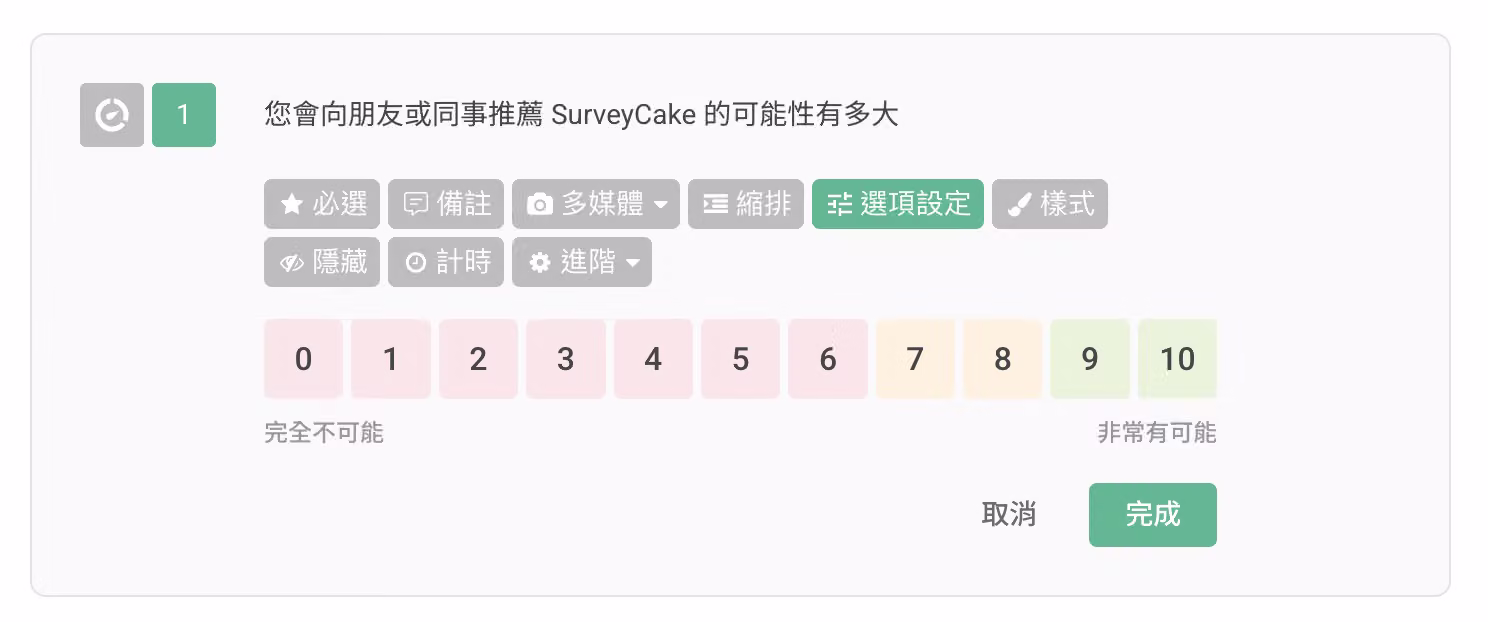 開啟色彩選項設定後,NPS 題目依分數顯示紅、黃、綠三色的畫面