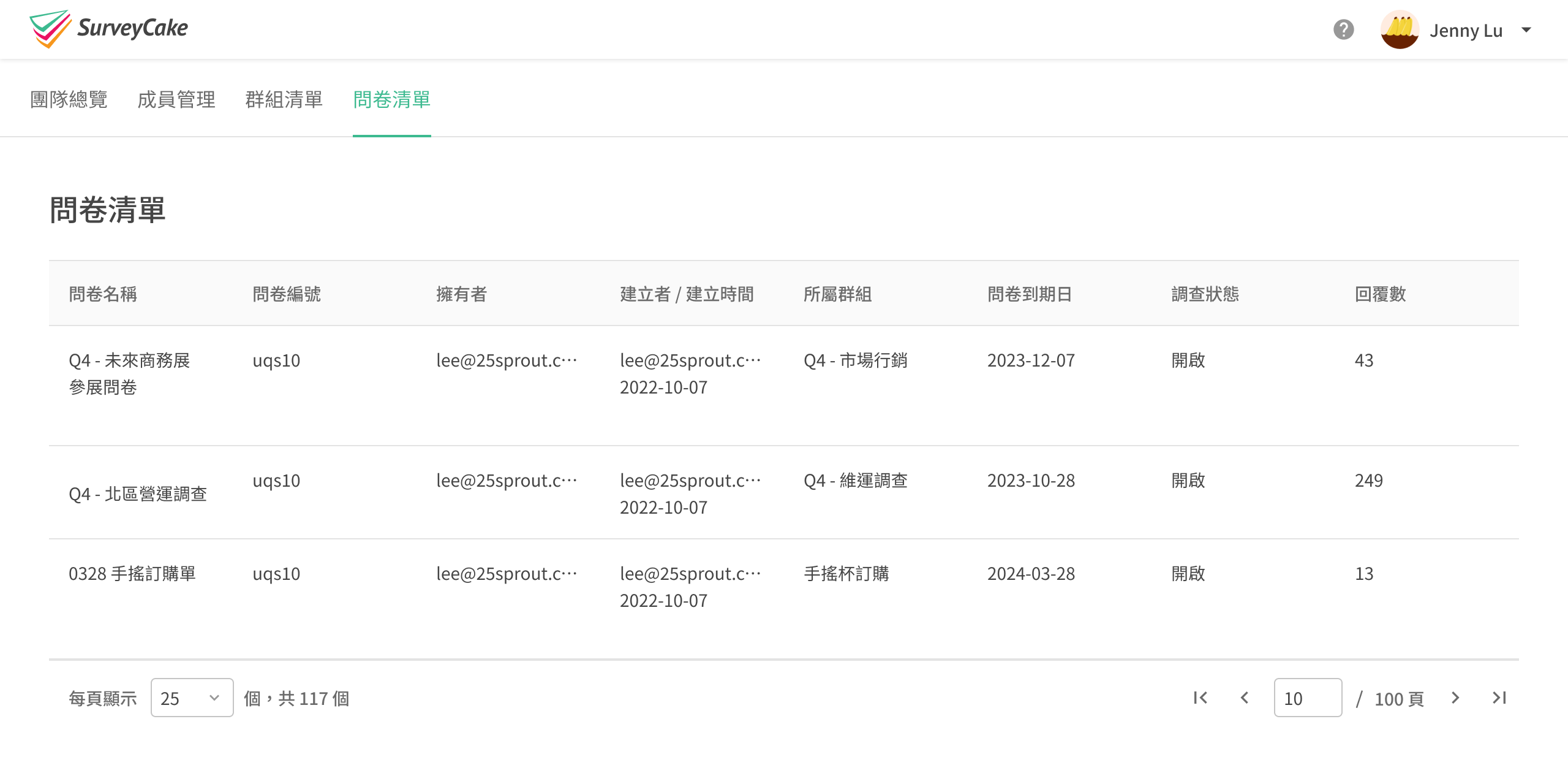 問卷清單頁面，顯示方案下所有協作問卷的相關資訊與統計數據