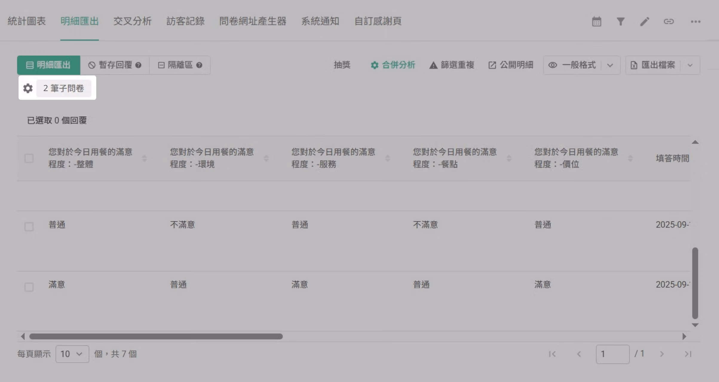 勾選子問卷後顯示樣本加總合併問卷明細的畫面