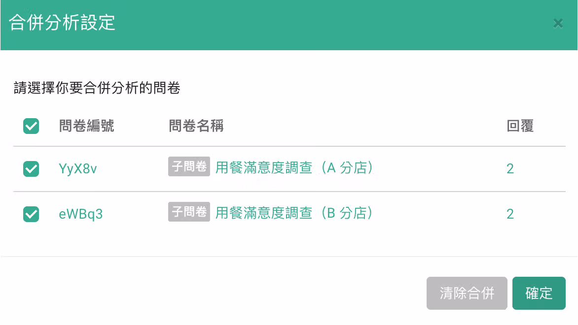 勾選欲合併分析的子問卷清單畫面