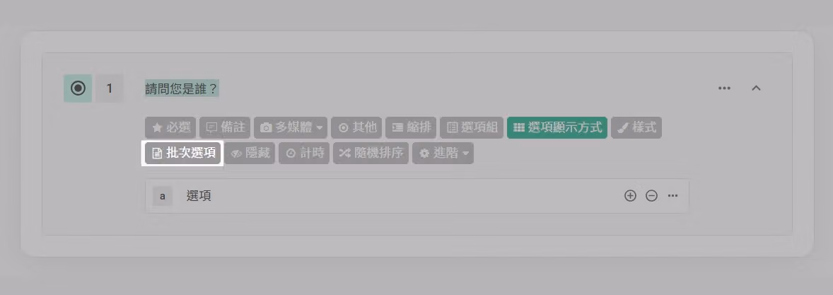 點選批次選項並以換行分隔輸入多個選項的設定畫面