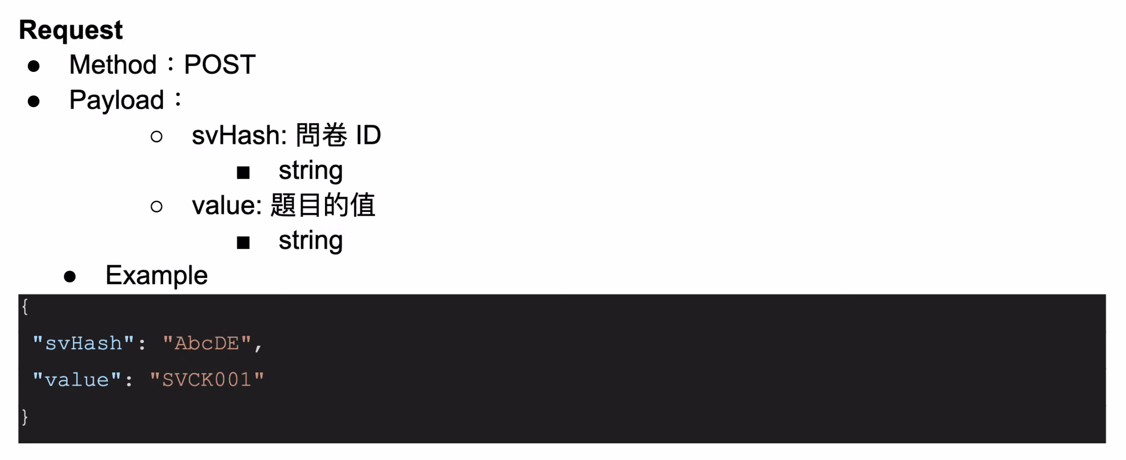 說明文字驗證 API 於填答時以 POST 方式將問卷 ID 與題目填答值送給驗證端的運作示意圖