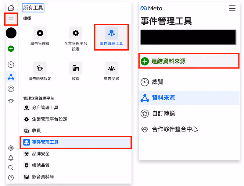 進入到 meta 後台,事件管理工具的資料來源