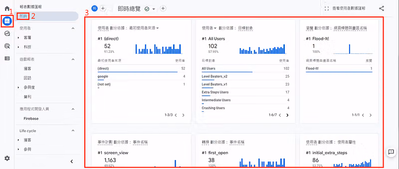 GA4「即時總覽」報表,六張卡片顯示使用者 102、事件計數 screen_view 1,163 等數據