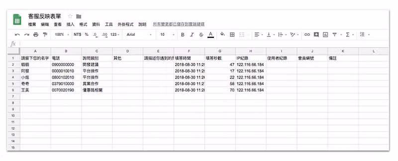 Google 試算表顯示頁面