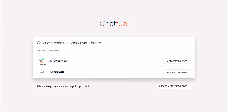 Chatfuel 頁面選擇粉專,清單上有 SurveyCake 等兩個粉專