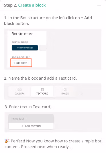 Chatfuel 教學第二步,分三個步驟示範新增 block、命名並加入文字卡