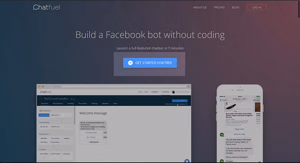 Chatfuel 首頁:不用寫程式做 Facebook bot,下有免費開始按鈕