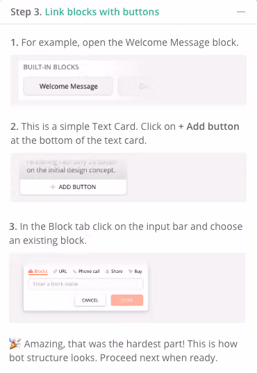 Chatfuel 教學第三步,在文字卡加按鈕並指向既有的 block