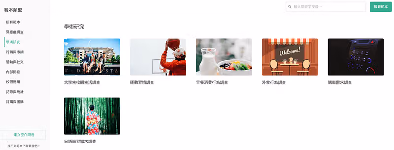學術研究調查問卷範本頁面,多樣調查與研究範本,方便研究分析與統計