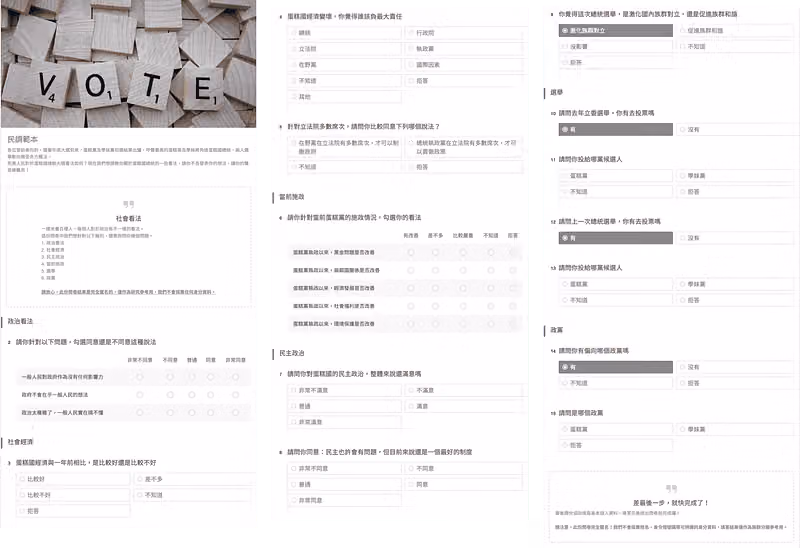民調範本三段預覽：VOTE 木製字磚封面、社會與政治看法矩陣題，以及選舉、政黨等單選題