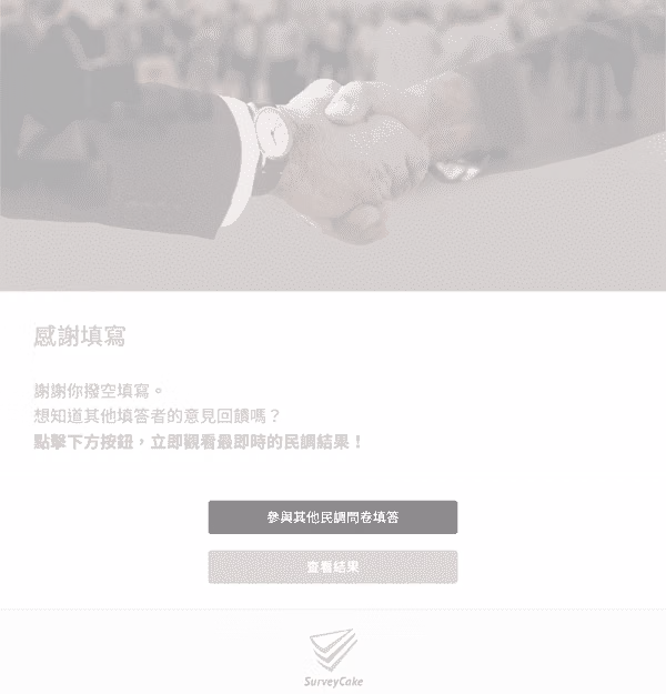 感謝頁在握手照片下方寫著感謝填寫,並列「參與其他民調問卷填答」與「查看結果」兩個按鈕