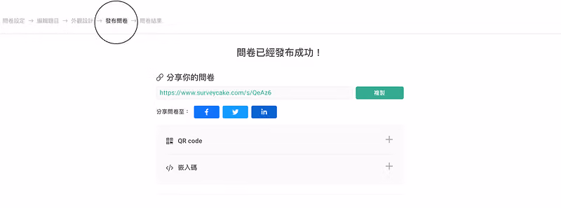 發佈問卷頁面提供問卷連結與 QR code 等問卷發放管道