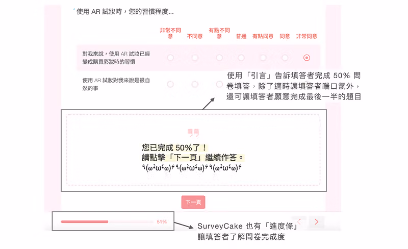 在問卷告知填答者問卷的進度