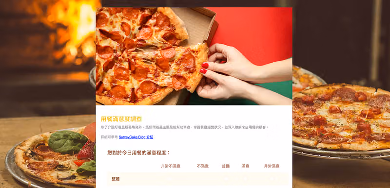 用餐滿意度調查問卷套用披薩頁首圖與背景圖,下方是今日用餐滿意程度的矩陣題