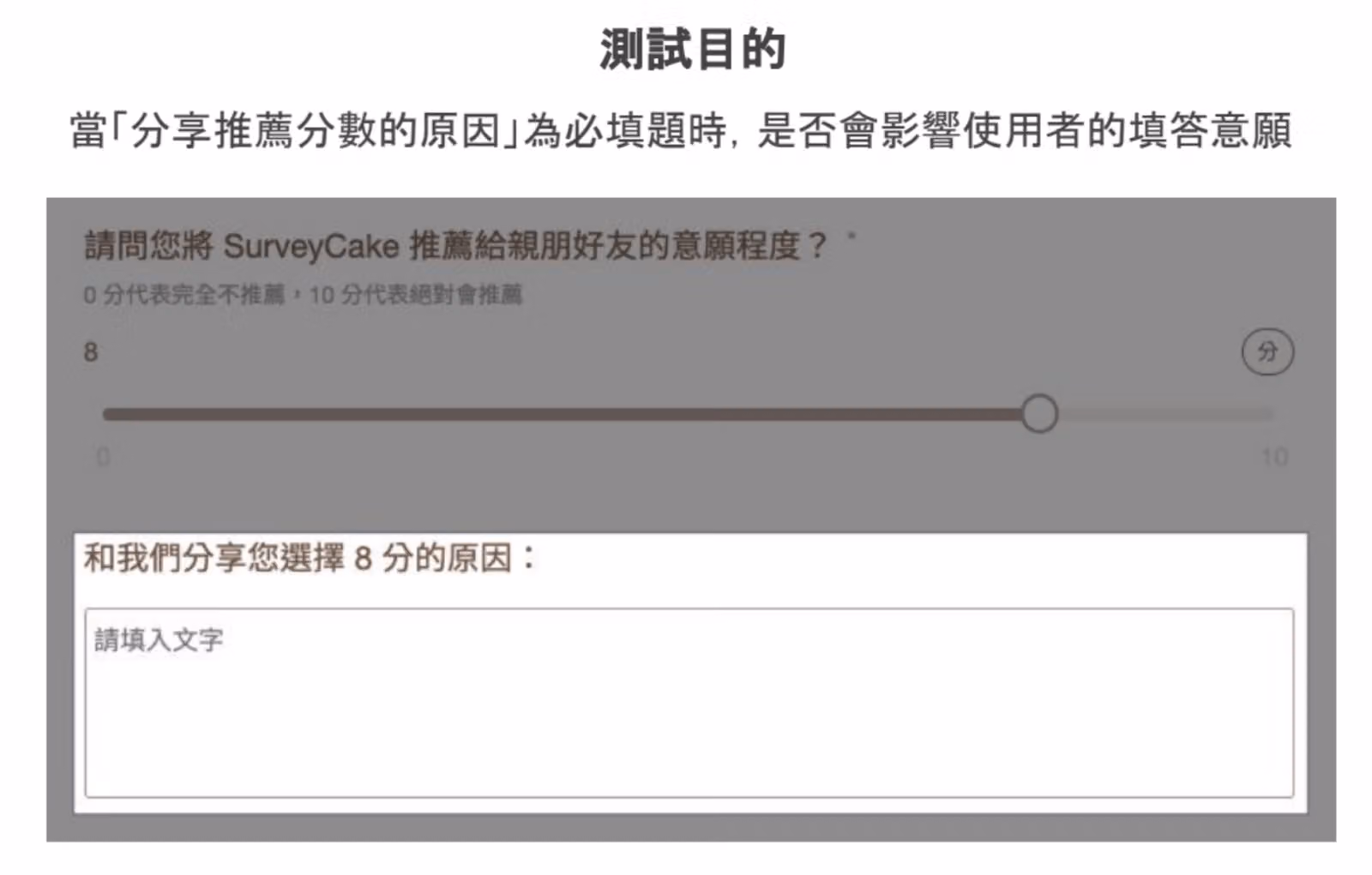測試說明搭配問卷畫面,NPS 滑桿選 8 分並附上填寫原因的文字題