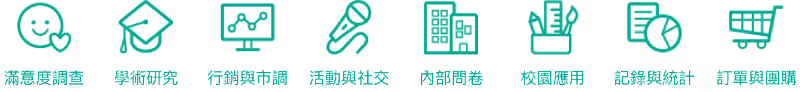 八種問卷範本情境的綠色圖示列,從滿意度調查、學術研究到記錄與統計、訂單與團購