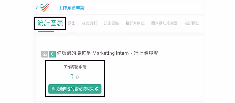 「統計圖表」頁的檔案題區塊,黑框標示回收數 1 與檢視此問卷的雲端資料夾按鈕