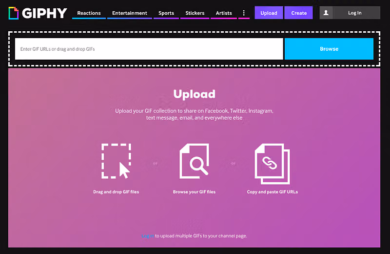 GIPHY 的 Upload 頁面,上方虛線框可輸入 GIF 網址或拖放檔案,下方紫色區塊列出三種上傳方式