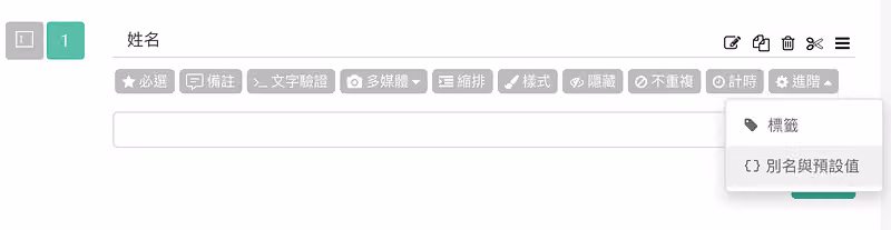 姓名題的進階選單展開,可看到標籤與別名與預設值兩個項目