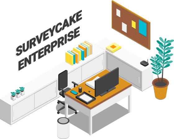 等距插畫的辦公桌場景,牆面立體字寫著 SURVEYCAKE ENTERPRISE,旁有書架、佈告欄與盆栽