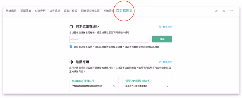 問卷後台功能列中的「自訂感謝頁」被紅圈標出,下方是設定感謝頁網址與進階應用