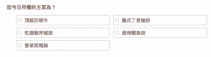 問卷填寫頁只剩頂級莎朗牛、義式丁骨豬排、炙燒戰斧豬排、香烤鱈魚排與香草煎鴨胸