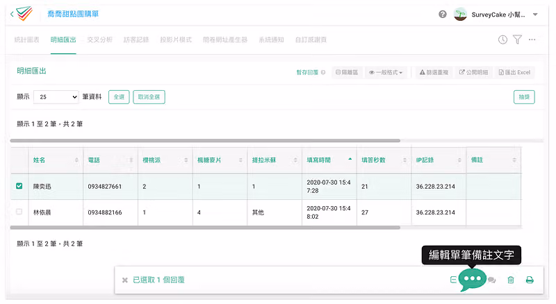 勾選第一筆回覆後頁面下方跳出功能列,游標停在「編輯單筆備註文字」圖示