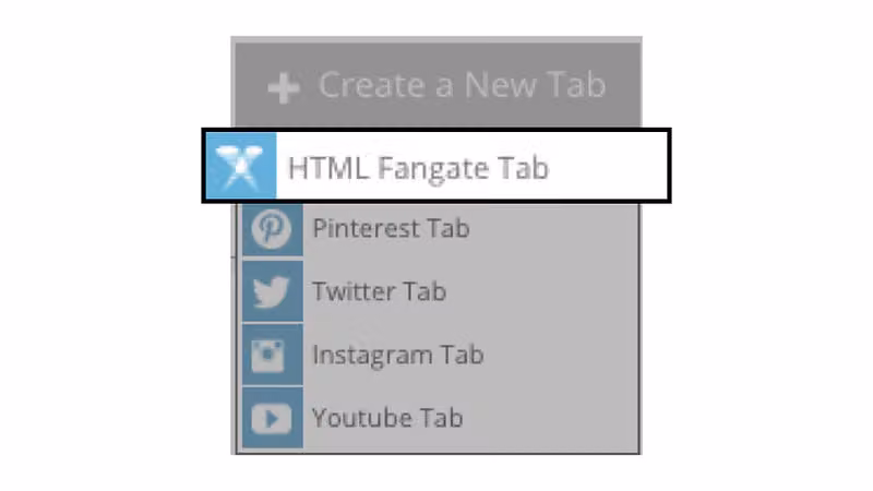 「Create a New Tab」選單中黑框標示 HTML Fangate Tab，下方還有 Pinterest、Twitter 等選項