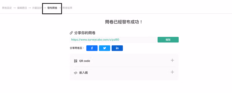 問卷發布成功頁,步驟列框住「發布問卷」,下方有問卷連結、社群分享、QR code 與嵌入碼