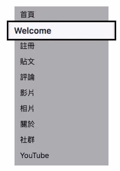 粉絲專頁頁籤列中，預設名稱 Welcome 以黑框標示，其餘為首頁、註冊、貼文、評論等頁籤
