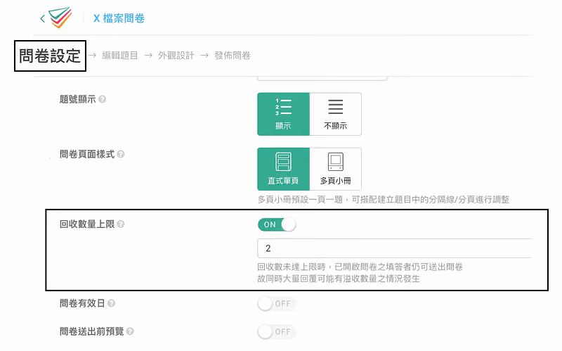 問卷設定中黑框標出回收數量上限開關為 ON,數值填 2,下方說明可能發生溢收的情況