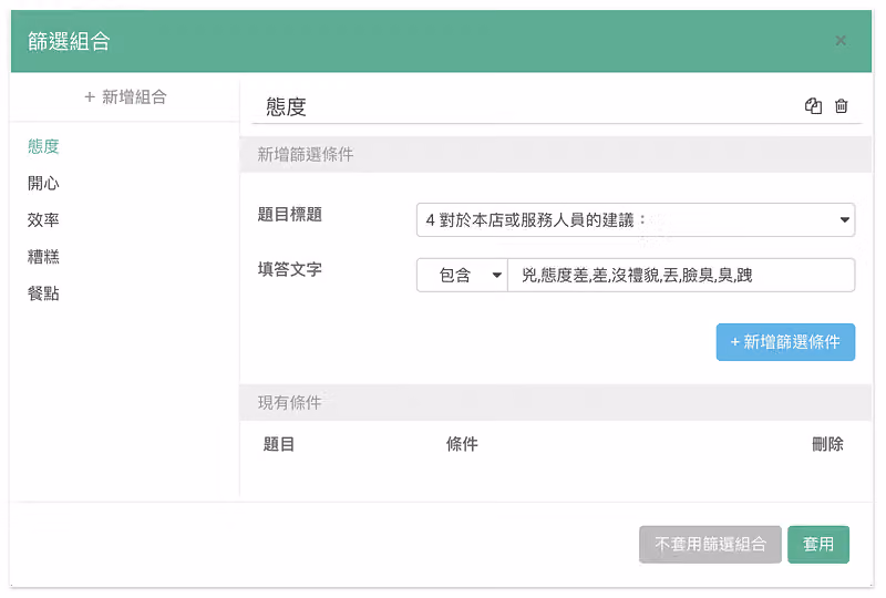 態度組合的填答文字條件設為包含兇、態度差、差、沒禮貌、丟、臉臭、臭、踐等關鍵字