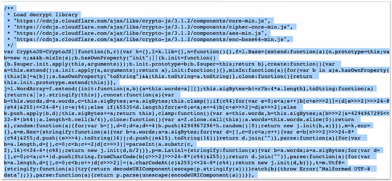 整段反白選取的 CryptoJS 解密程式碼,開頭註解列出四個 cloudflare 函式庫網址