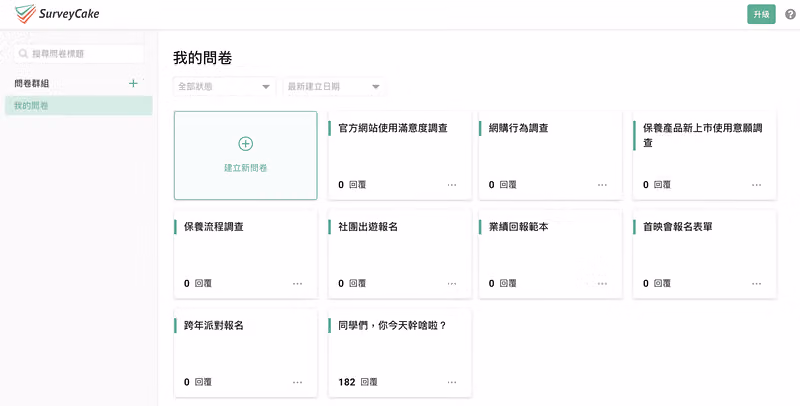 後台「我的問卷」總覽,左為問卷群組欄,右側排列建立新問卷與各問卷卡片及回覆數