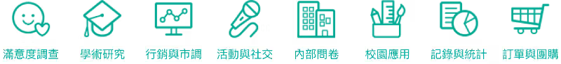 一排八個綠色圖示，依序標示滿意度調查、學術研究、行銷與市調、活動與社交等八大問卷情境