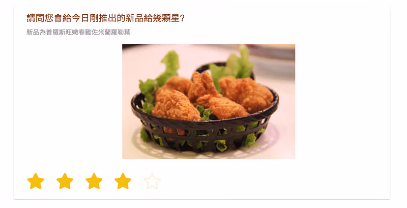 請問您會給今日剛推出的新品給幾顆星題目,附炸春雞照片與五顆星評分,已選四顆