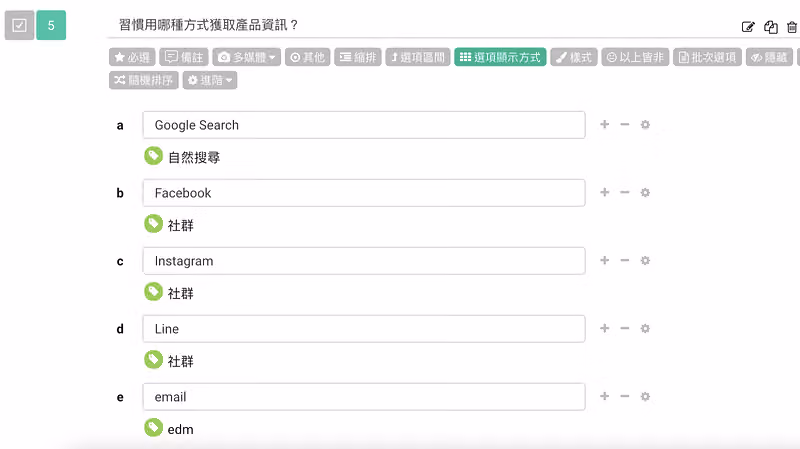 題目編輯畫面,獲取產品資訊管道的各選項分別掛上自然搜尋、社群、edm 標籤