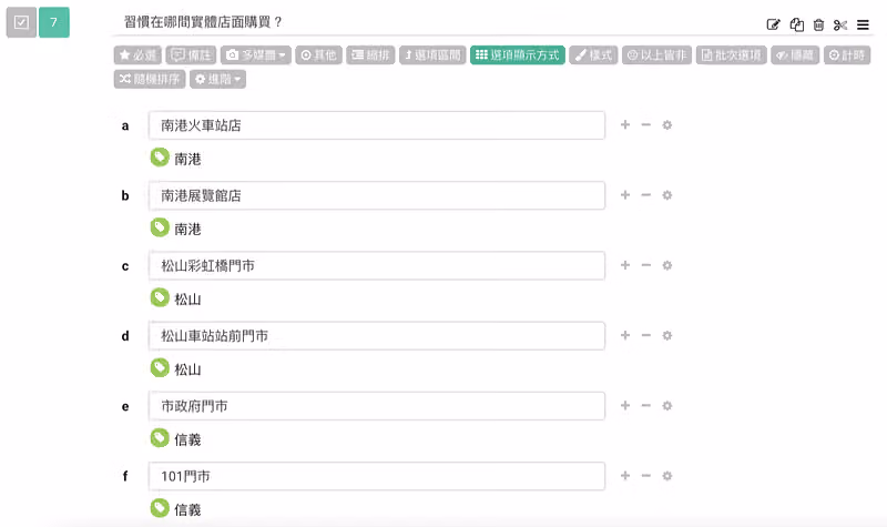 題目編輯畫面,各實體門市選項分別掛上南港、松山、信義等區域標籤