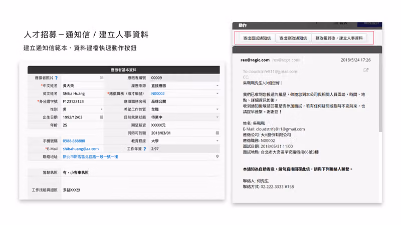 左側應徵者基本資料表，右側面試通知信，上方有寄出面試通知信、錄取通知信等快速按鈕